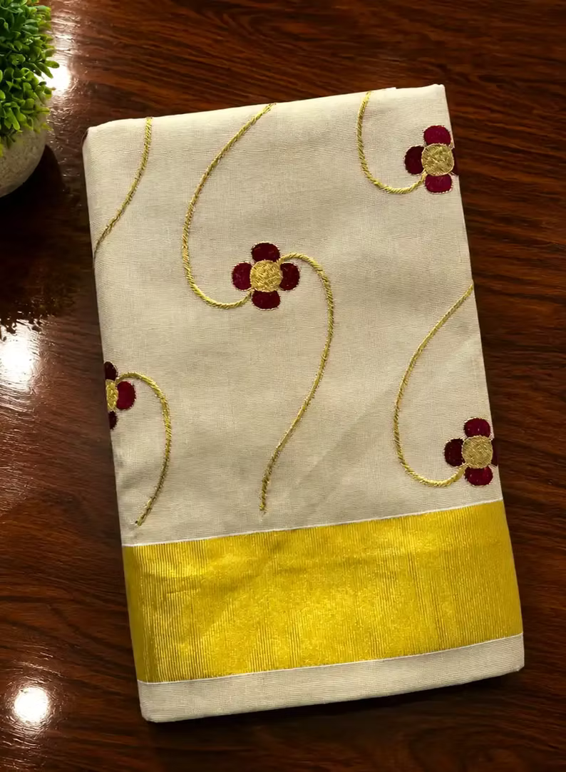 Maroon Floral Embroidered Tissue Kuthampully Kasavu Saree