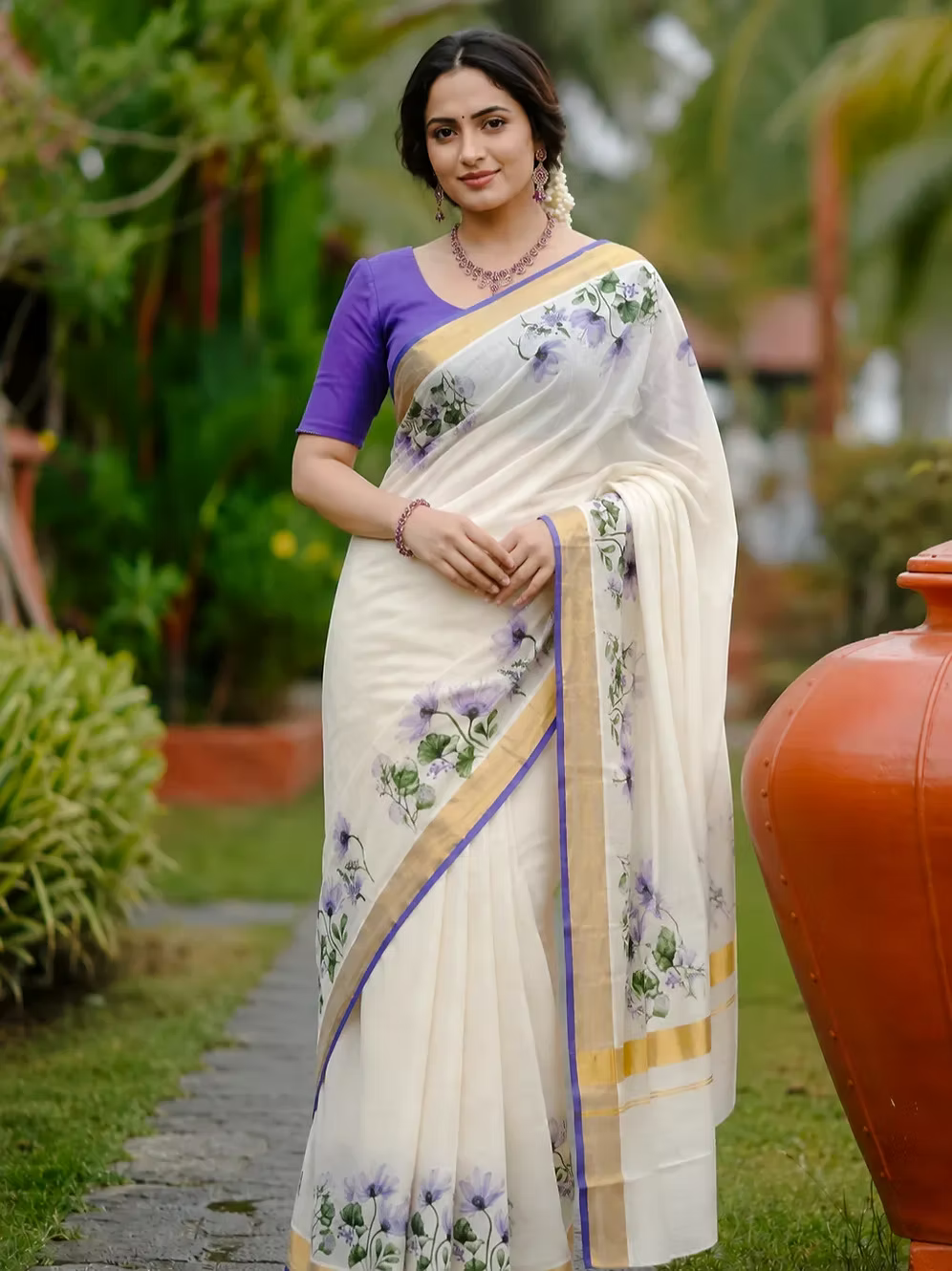 Phool Designer Kerala Cotton Kasavu Saree with Purple Border