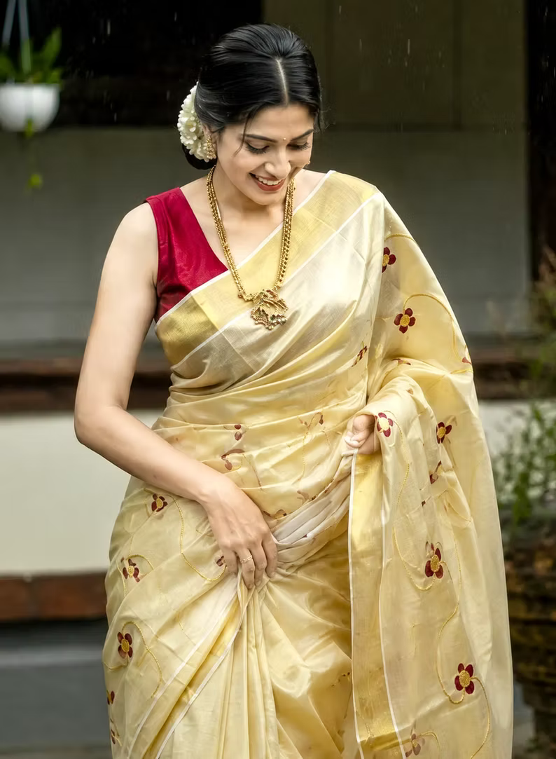 Maroon Floral Embroidered Tissue Kuthampully Kasavu Saree