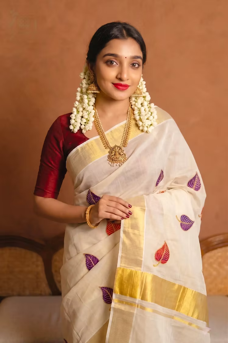 Red & Violet Leaf Embroidery Tissue Kerala Kasavu Saree with Blouse