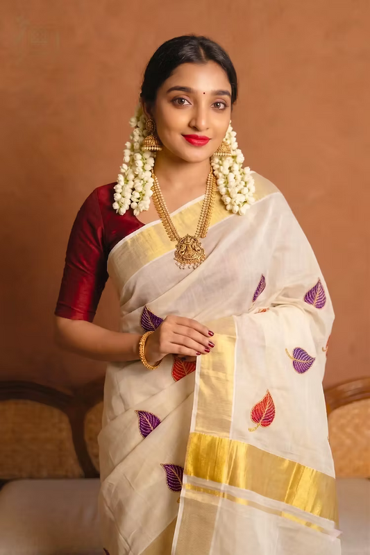 Red & Violet Leaf Embroidery Tissue Kerala Kasavu Saree with Blouse
