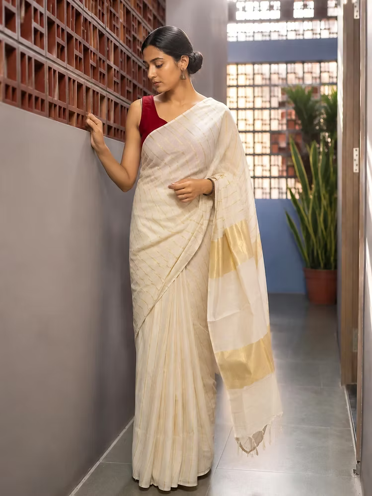 Traditional Stripe Designer Mul Cotton Inspired Kasavu Saree