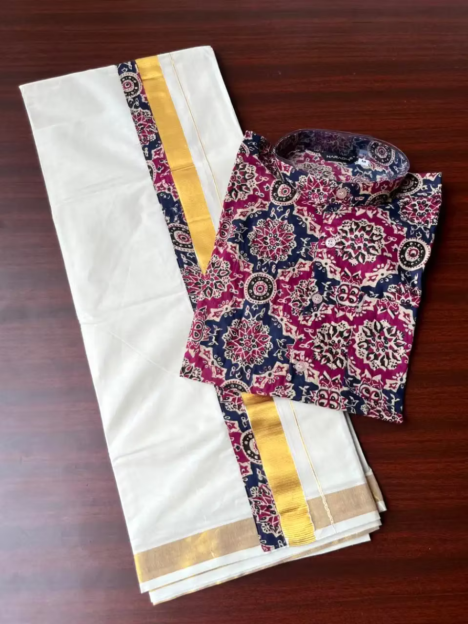 Multi Color Motif Ajrakh Cotton Shirt with Dhoti Set-Kasavu Mundu