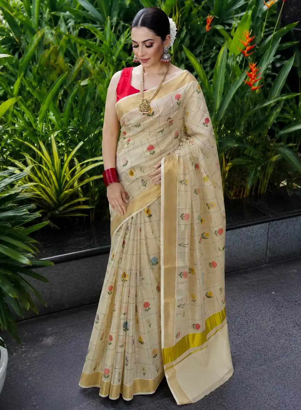 Bloomweave Premium Tissue Kasavu Saree with Delicate Floral Grid