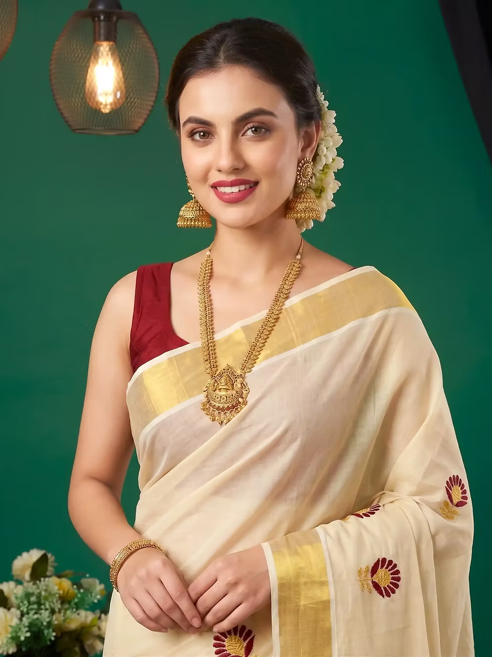 Maroon Floral Embroidery Tissue Kerala Kasavu Saree