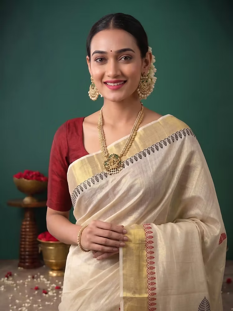 Red & Black Leaf Designer Tissue Kerala Kasavu Saree