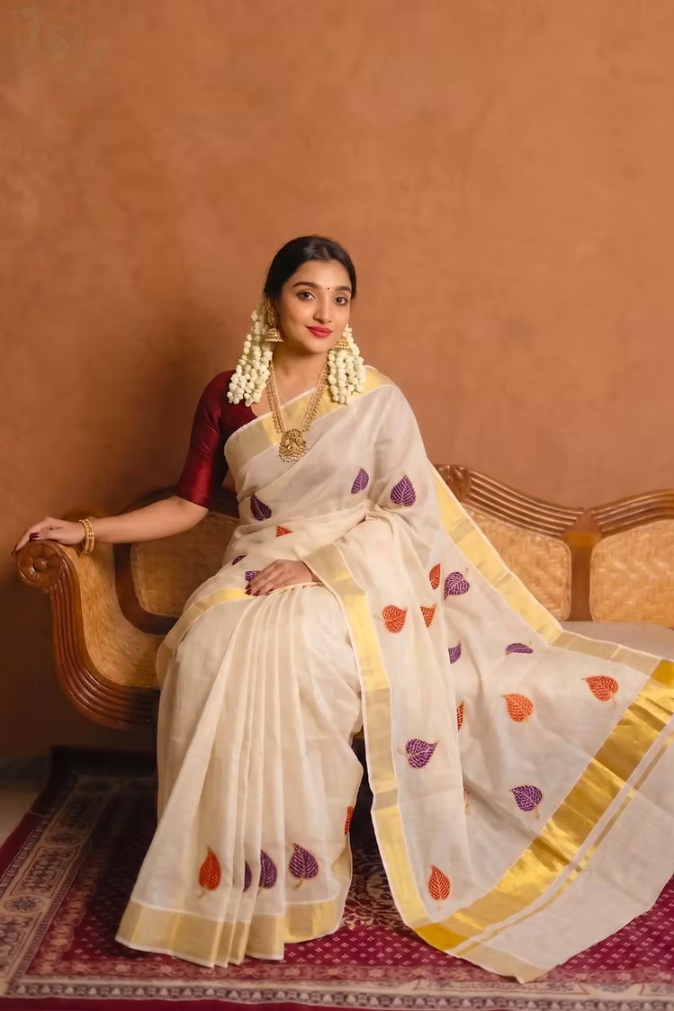 Red & Violet Leaf Embroidery Tissue Kerala Kasavu Saree with Blouse