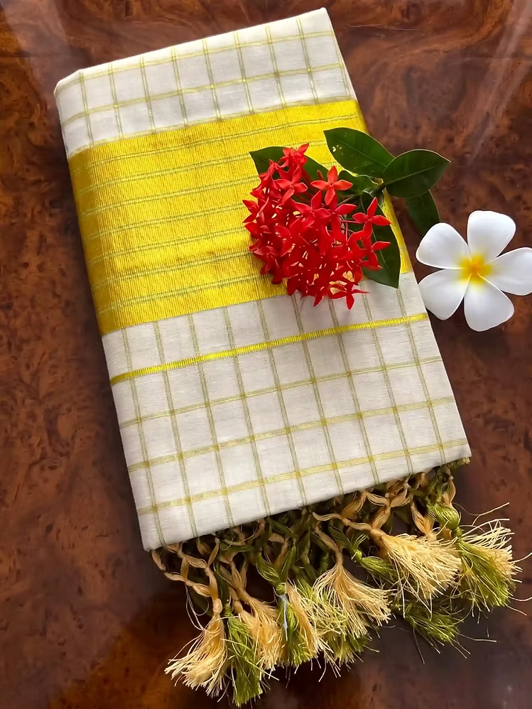 Pea Green Block Kasavu Tissue Saree with Tassels & Running Blouse