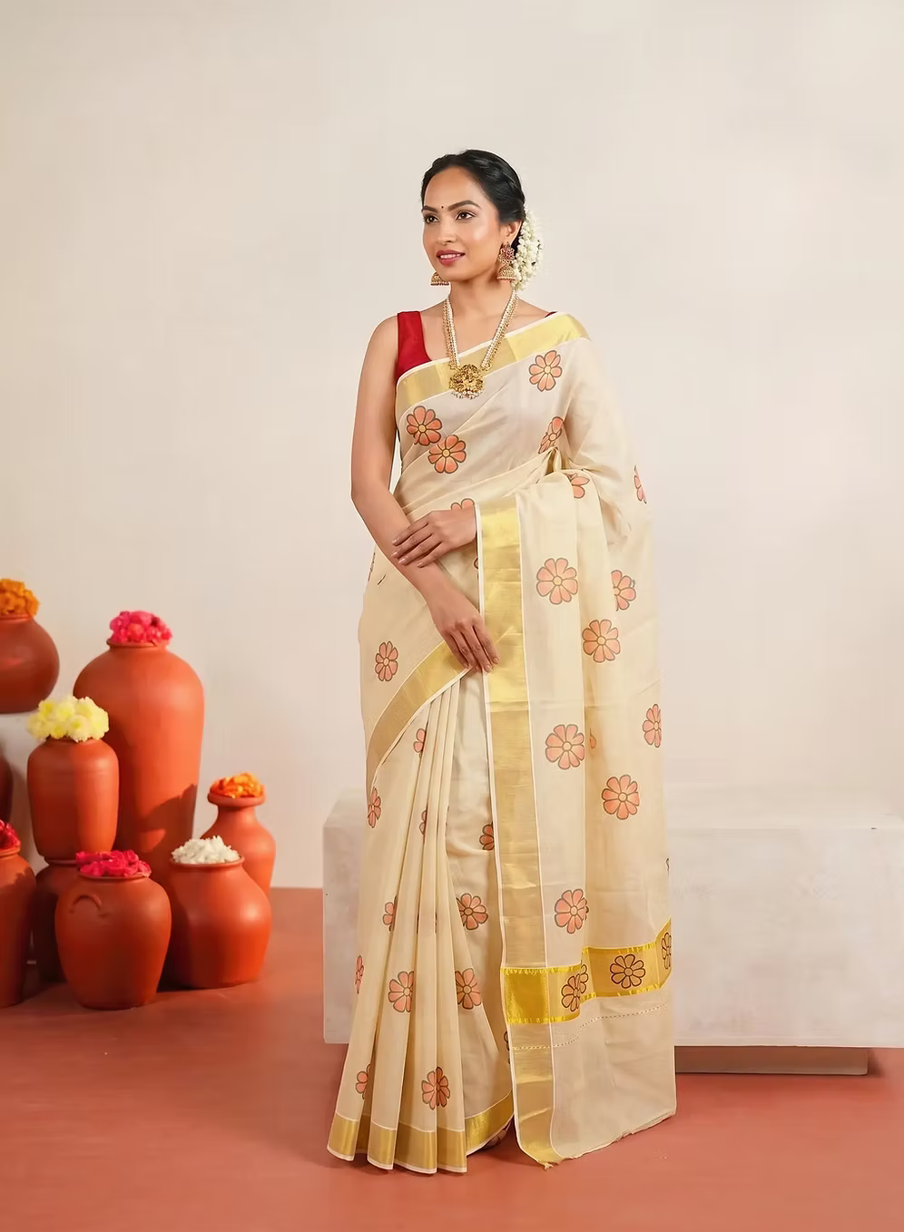 Floral Tissue Kerala Kasavu Saree with Blouse