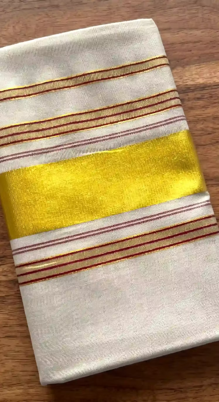 Maroon Tiny Stripe Temple Kasavu Tissue Saree with Running Blouse