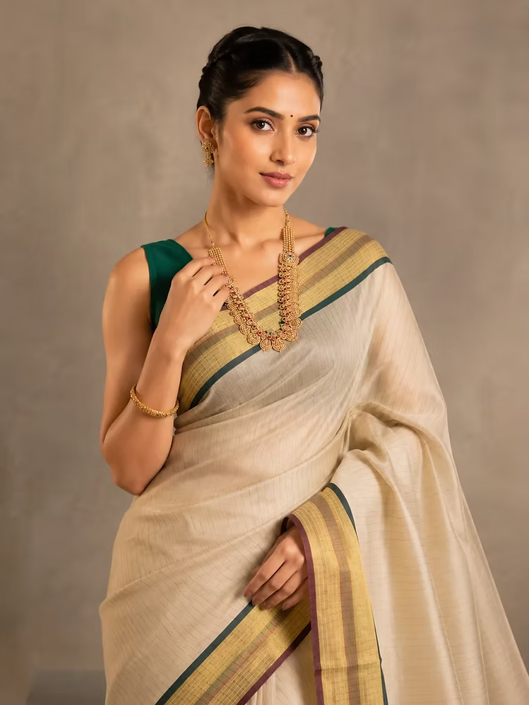 Stripe Kasavu Tissue Saree with Maroon and Green Border & Tussels