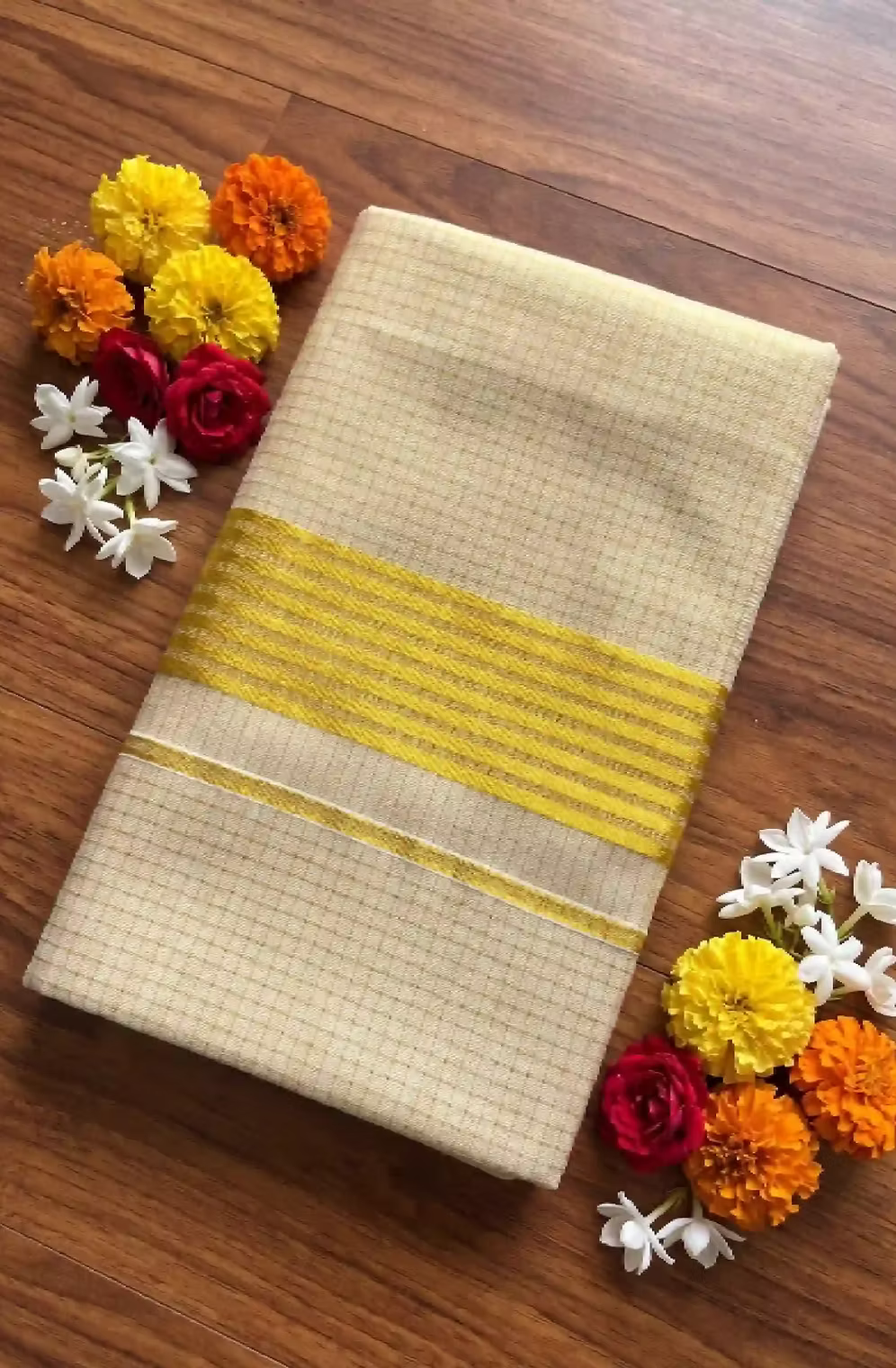 Kerala Kasavu Tissue Saree with Micro-Check Pattern & Golden Border