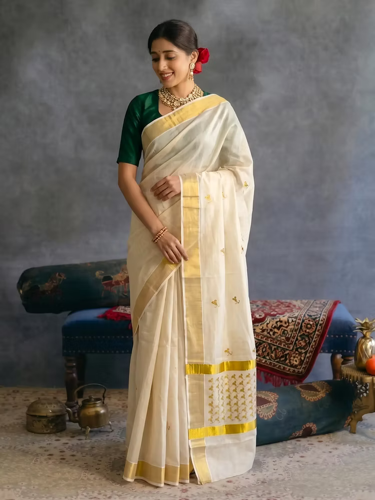 Traditional Golden Floral Embroidery Cotton Kerala Kasavu Saree