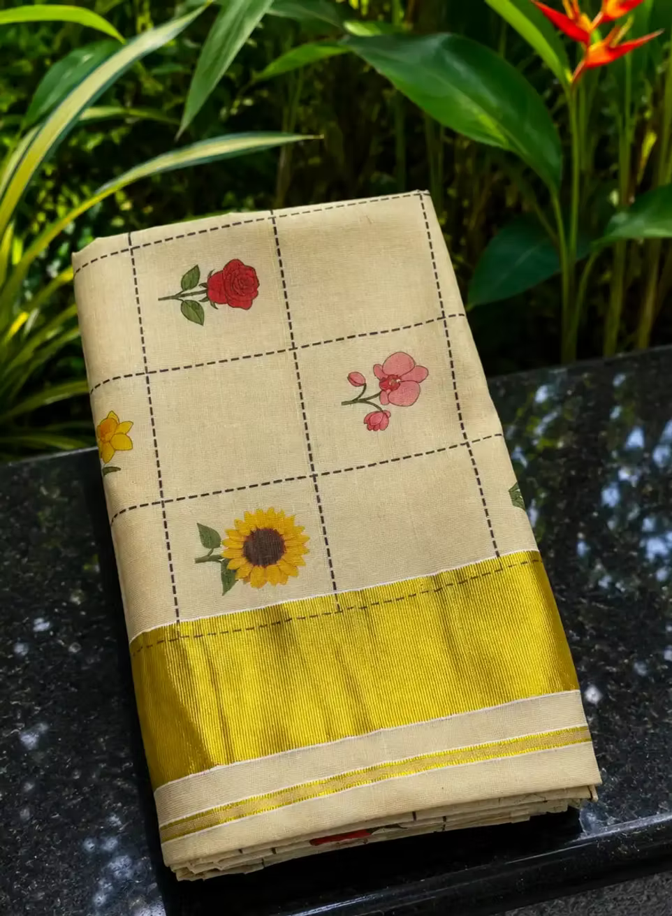 Bloomweave Premium Tissue Kasavu Saree with Delicate Floral Grid