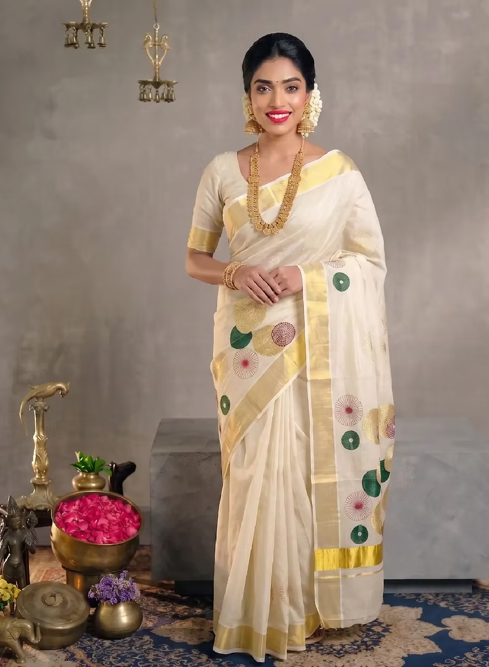 Multi Chakra Embroidery Tissue Kerala Kasavu Saree with Blouse