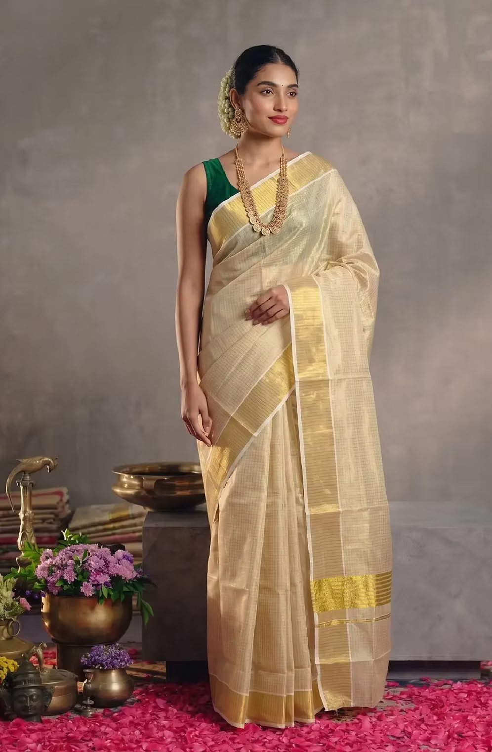 Kerala Kasavu Tissue Saree with Micro-Check Pattern & Golden Border