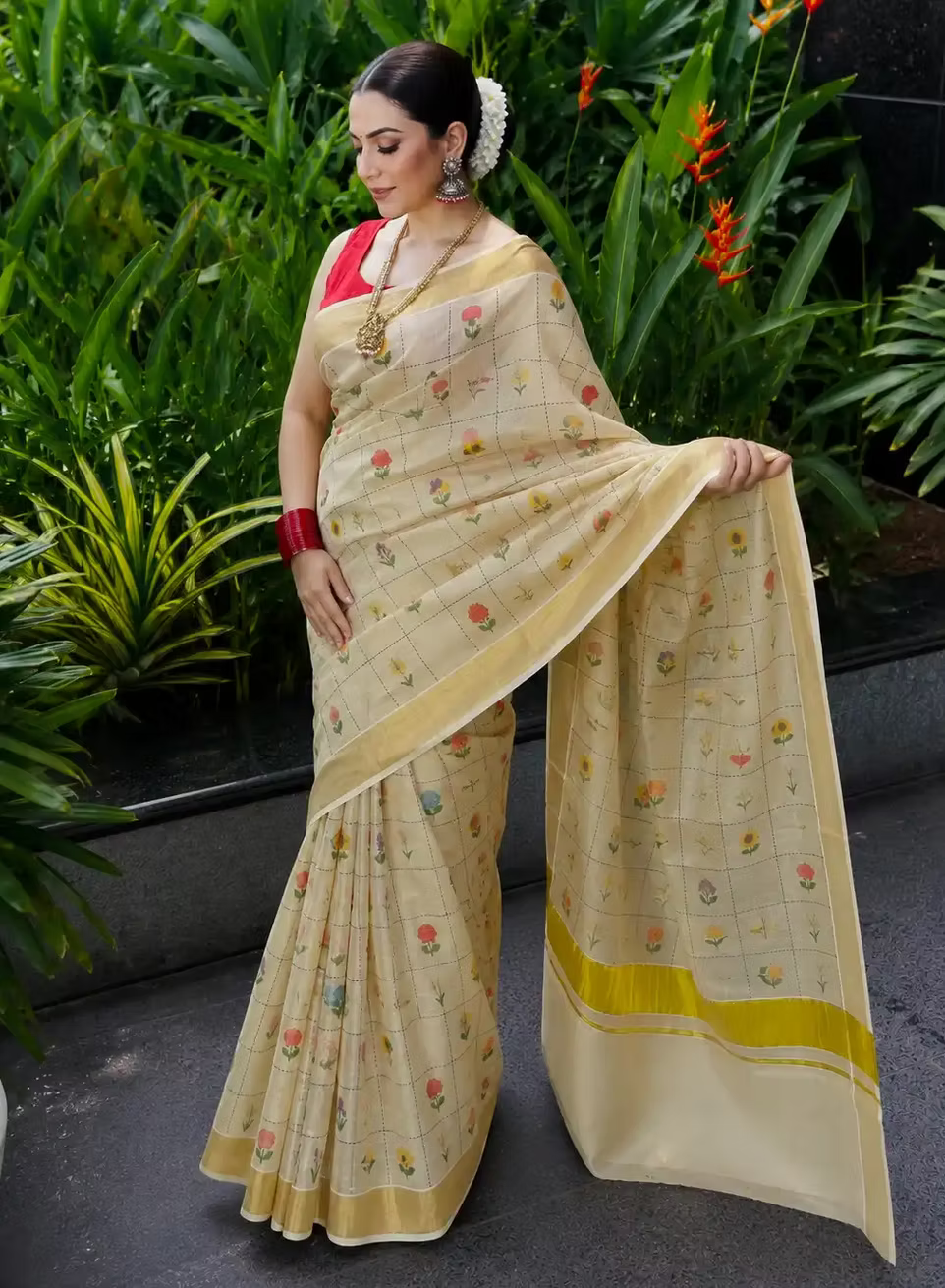 Bloomweave Premium Tissue Kasavu Saree with Delicate Floral Grid