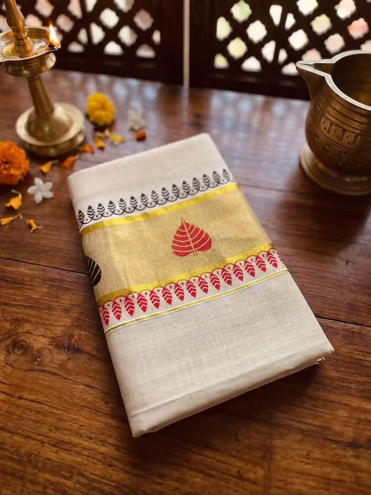 Red & Black Leaf Designer Tissue Kerala Kasavu Saree