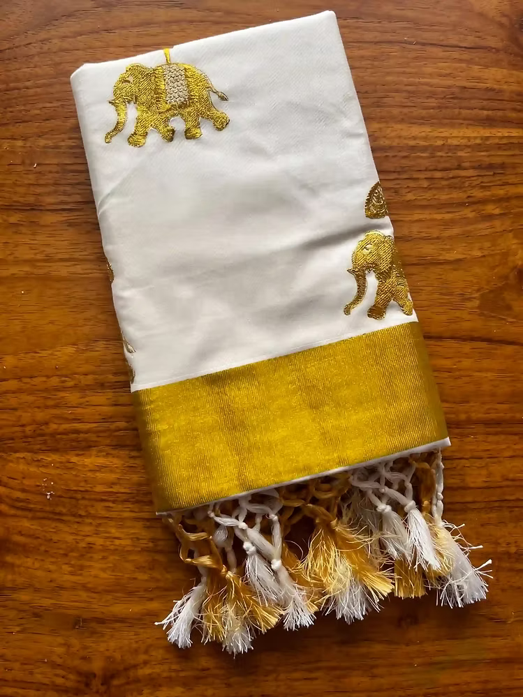 Golden Gajah Embroidery Cotton Kerala Kasavu Saree