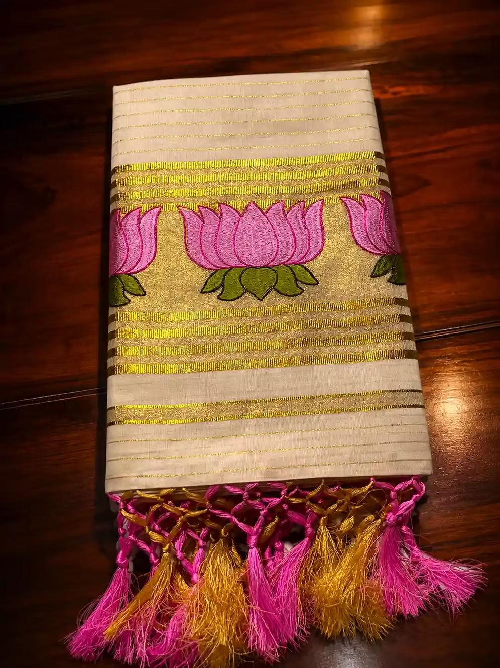 Pink Lotus Embroidery Motif Stripes Cotton Kasavu Saree with Tassels