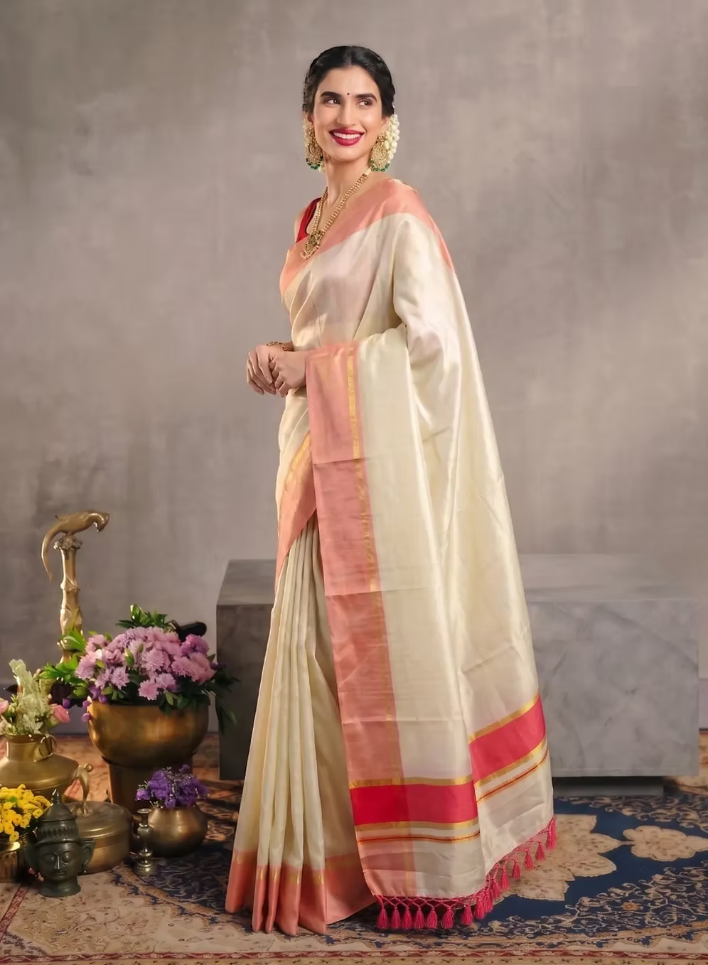 Guava Pink Tassel Tissue Kerala Kasavu Saree with Running Blouse
