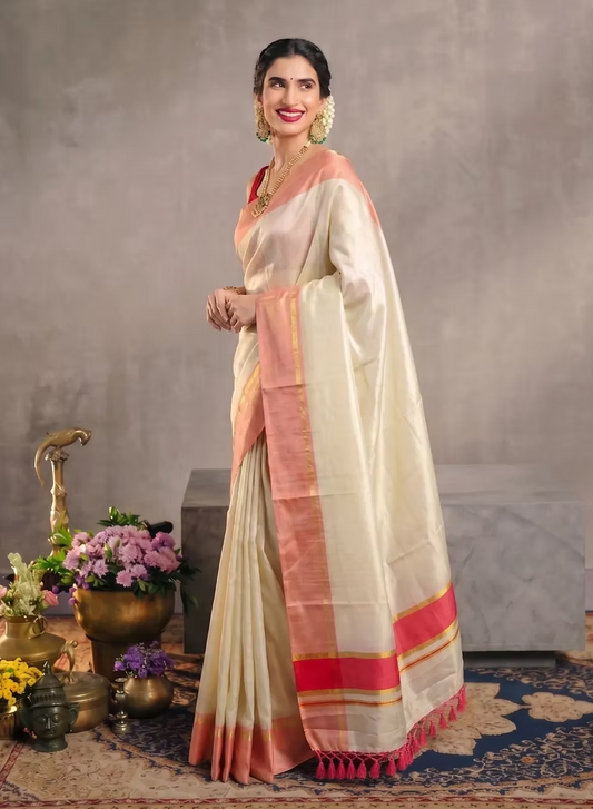Guava Pink Tassel Tissue Kerala Kasavu Saree with Running Blouse