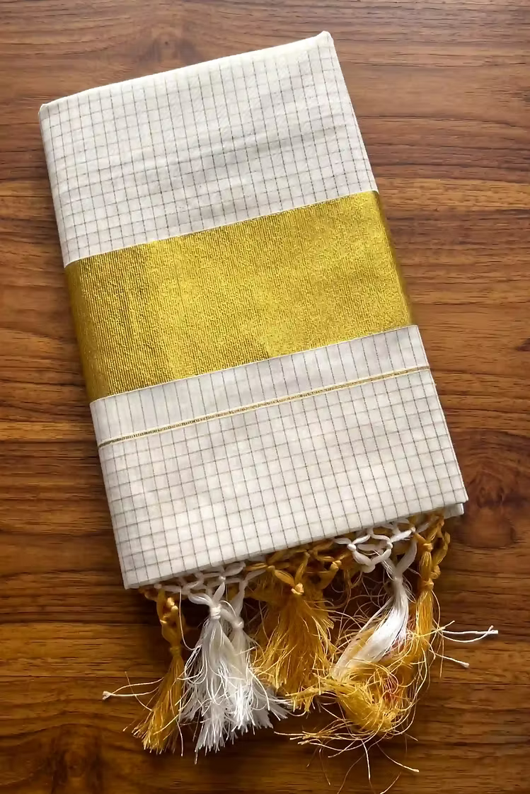 Golden Mango Jacquard Check Tassel Cotton Kerala Kasavu Saree