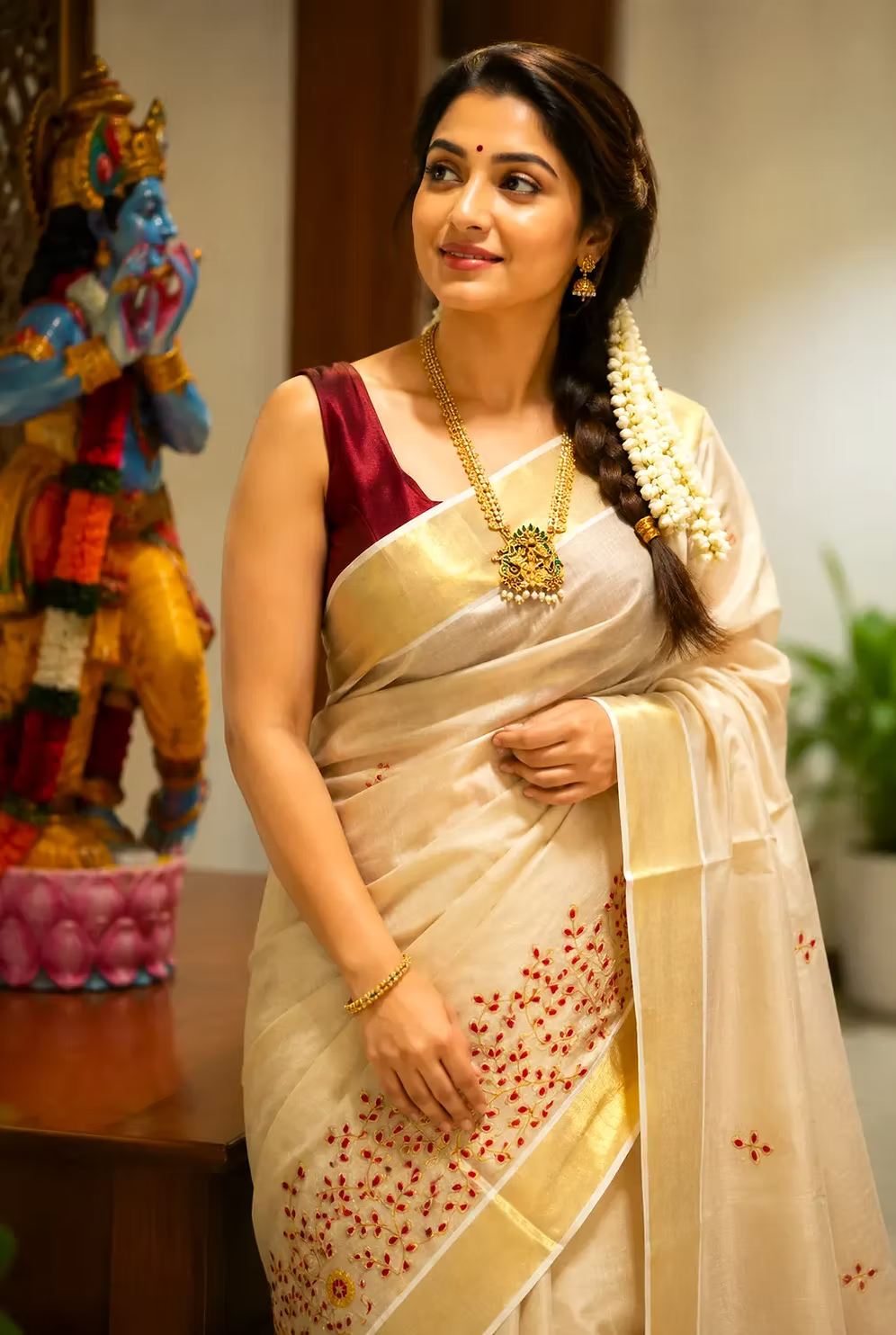 Designer Red & Golden Floral Embroidered Tissue Kasavu Saree with Blouse