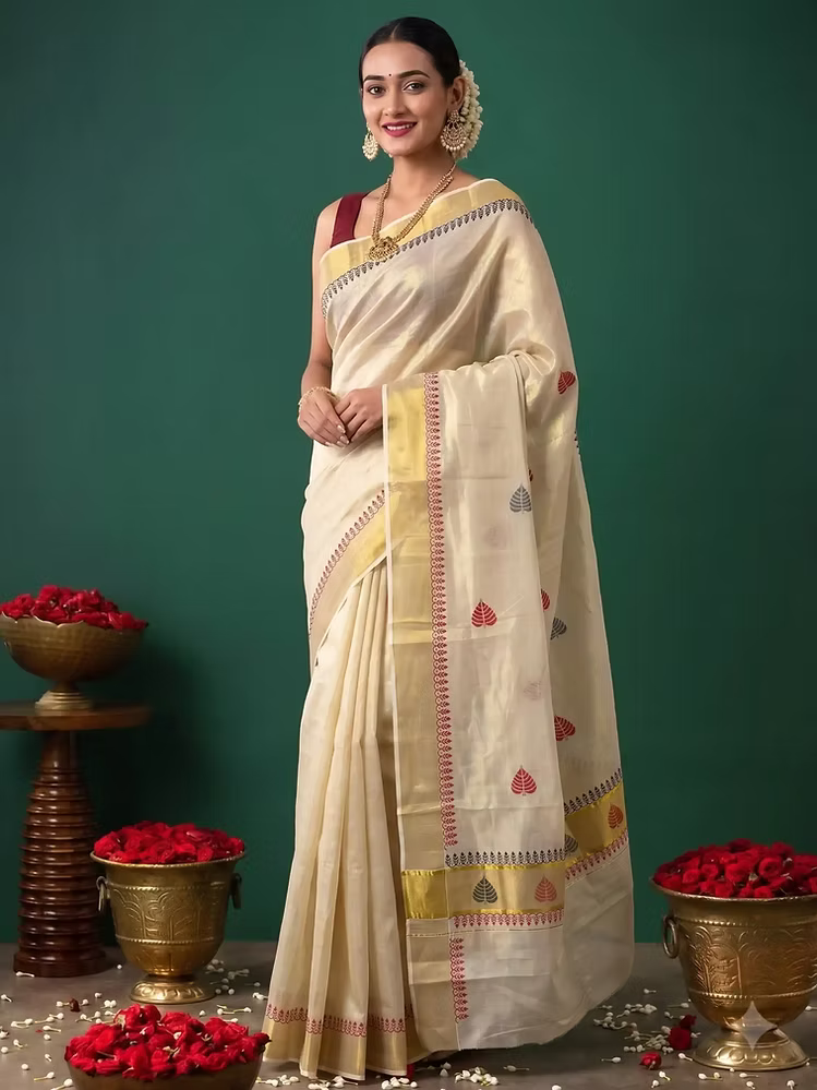 Red & Black Leaf Designer Tissue Kerala Kasavu Saree