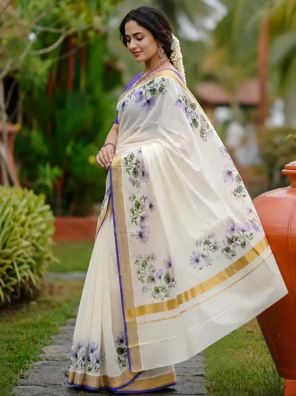 Phool Designer Kerala Cotton Kasavu Saree with Purple Border