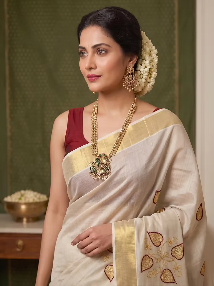 Creeper Maroon Embroidery Kasavu Tissue Saree with Running Blouse