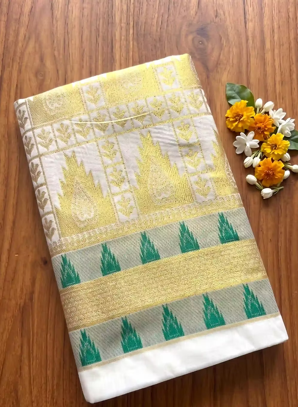 Golden Sage Green Temple Jacquard Cotton Kerala Kasavu Saree