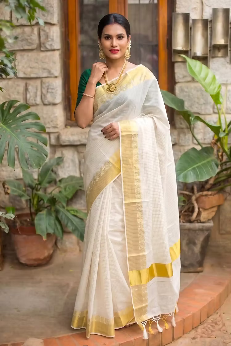 Golden Mango Jacquard Check Tassel Cotton Kerala Kasavu Saree