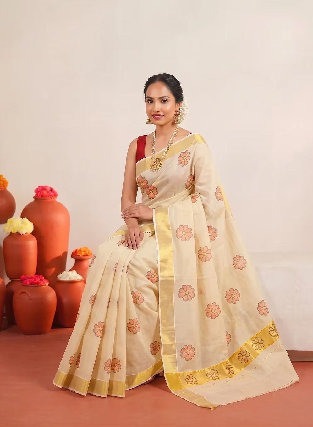 Floral Tissue Kerala Kasavu Saree with Blouse