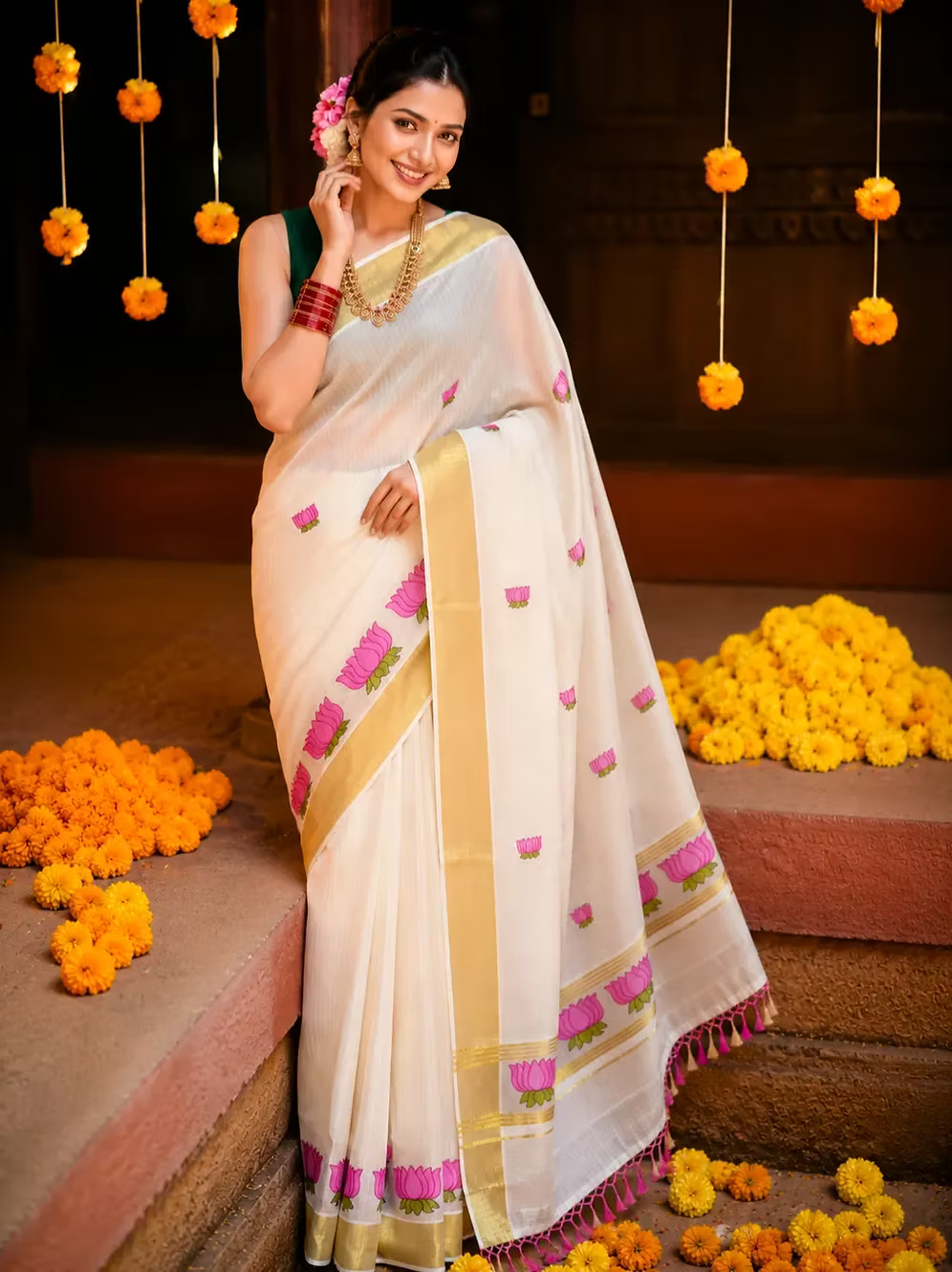 Pink Lotus Embroidery Motif Stripes Cotton Kasavu Saree with Tassels
