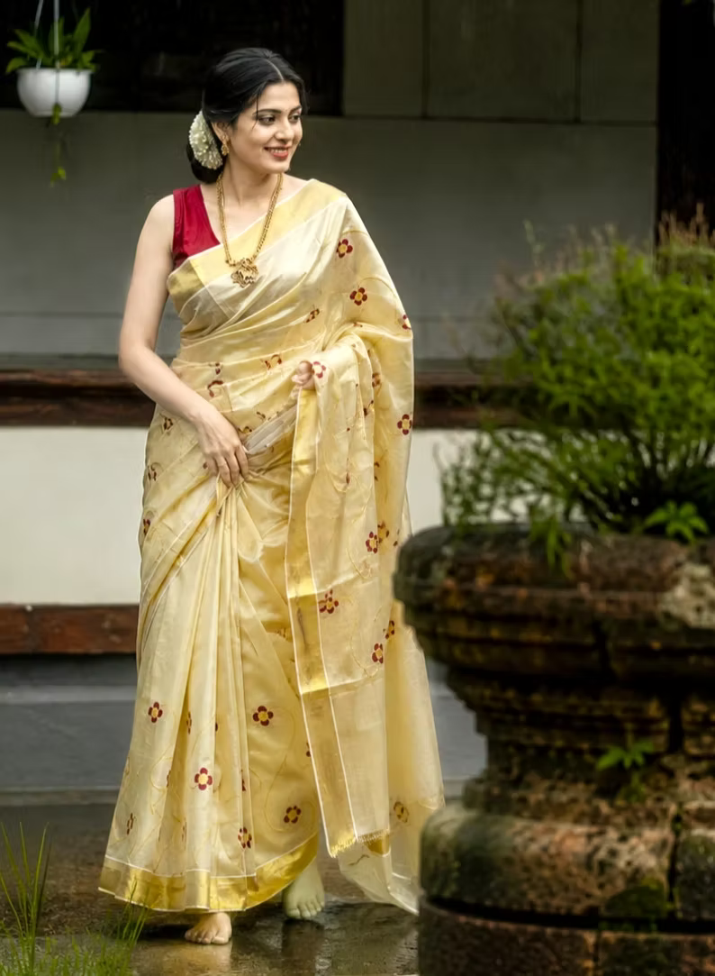 Maroon Floral Embroidered Tissue Kuthampully Kasavu Saree