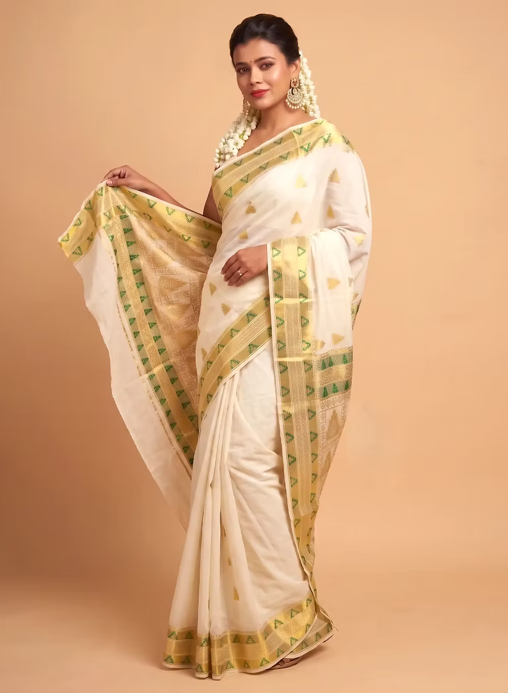 Golden Sage Green Temple Jacquard Cotton Kerala Kasavu Saree