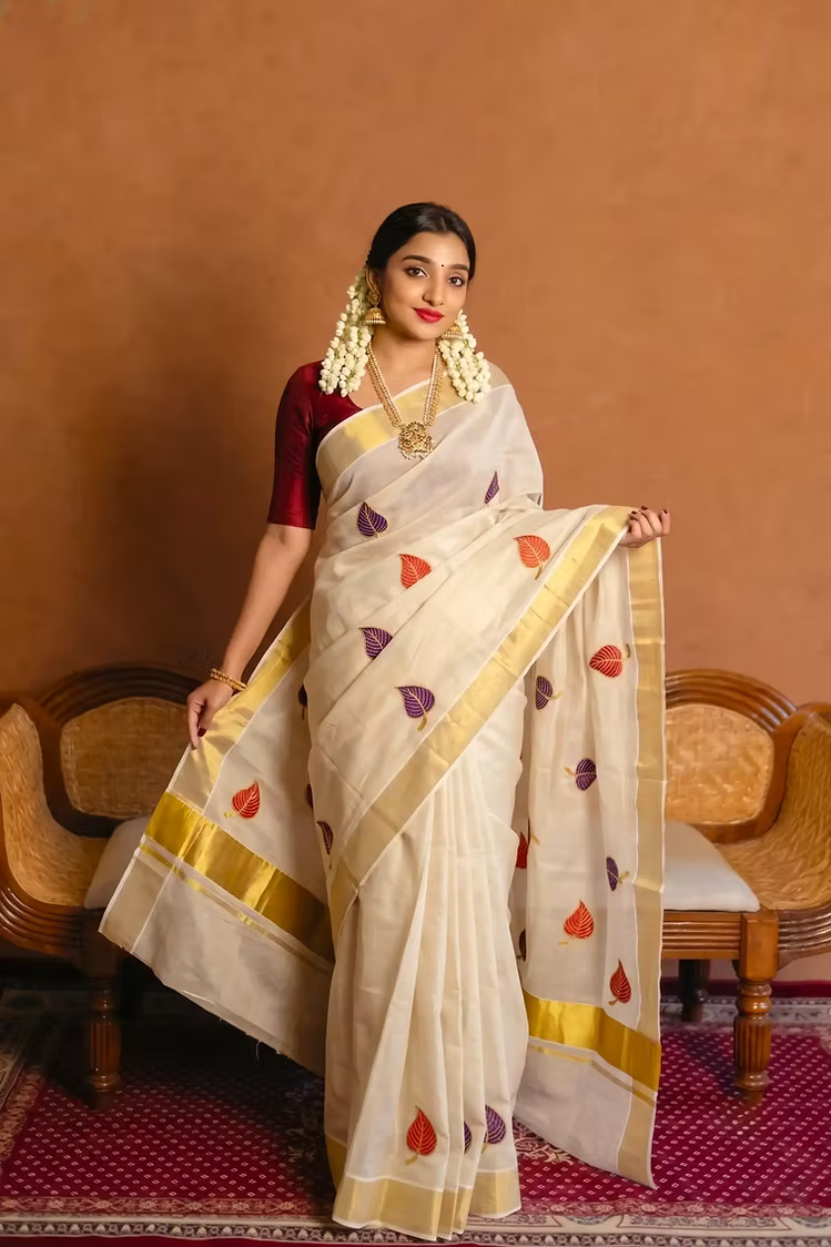 Red & Violet Leaf Embroidery Tissue Kerala Kasavu Saree with Blouse