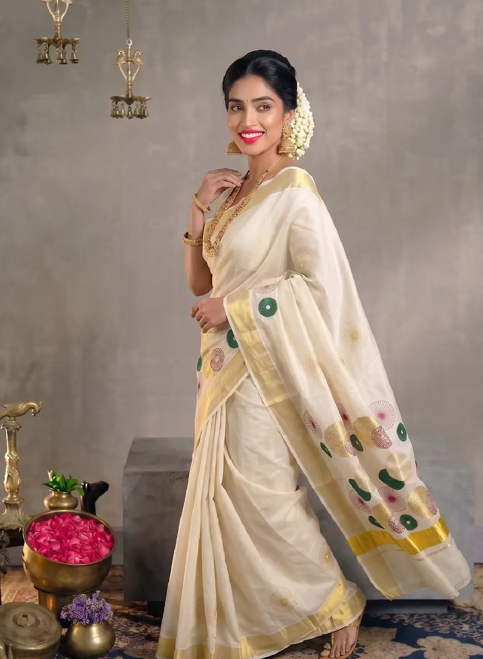 Multi Chakra Embroidery Tissue Kerala Kasavu Saree with Blouse