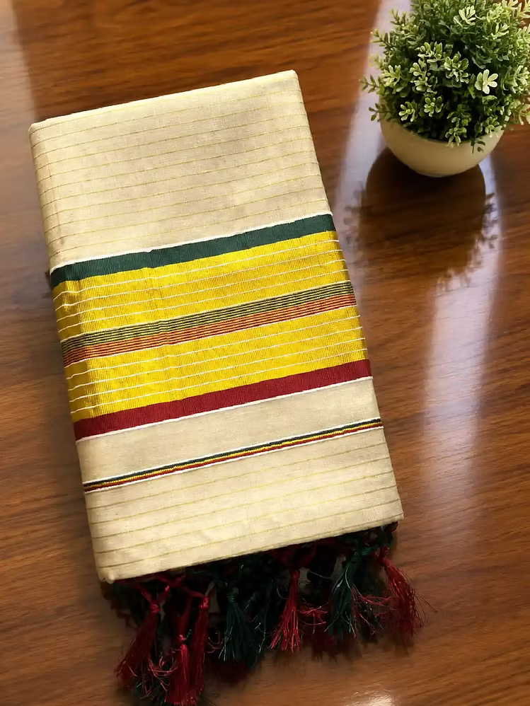 Stripe Kasavu Tissue Saree with Maroon and Green Border & Tussels
