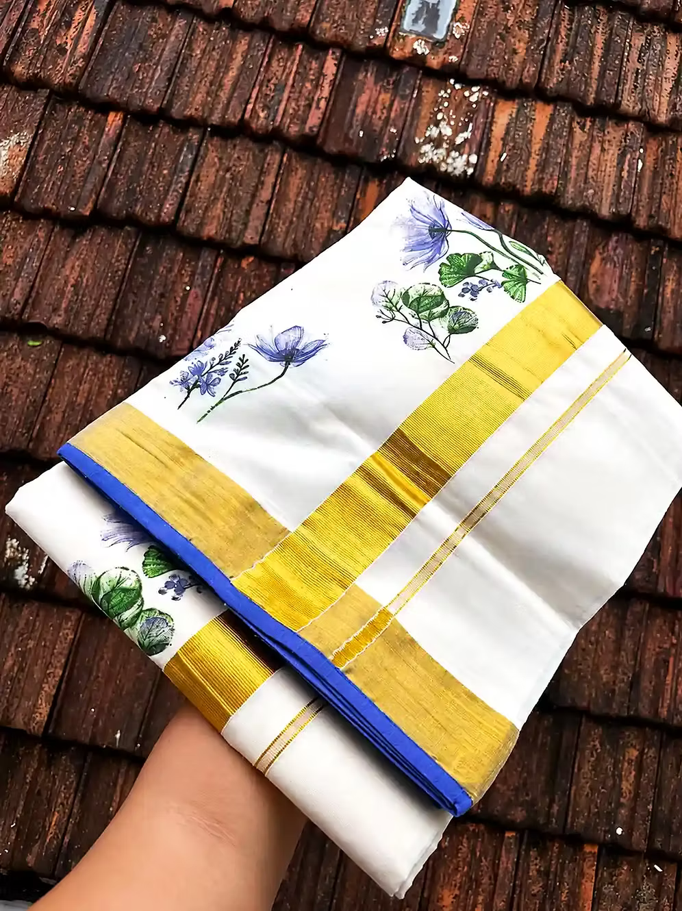 Phool Designer Kerala Cotton Kasavu Saree with Purple Border