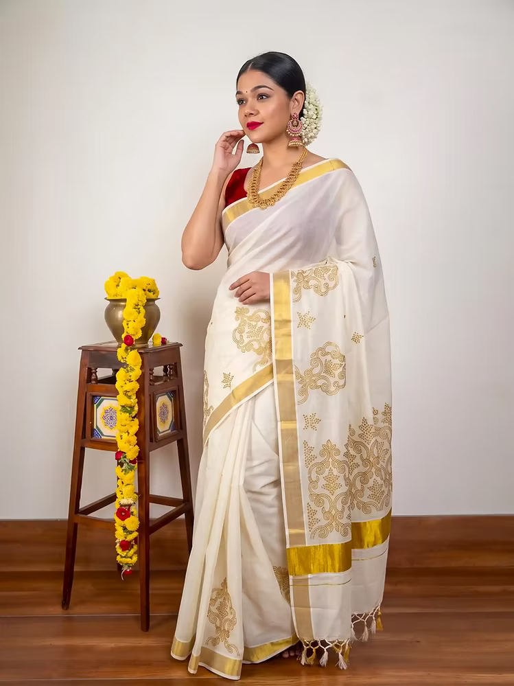 Golden Floral Embroidery Tussel Cotton Kasavu Saree