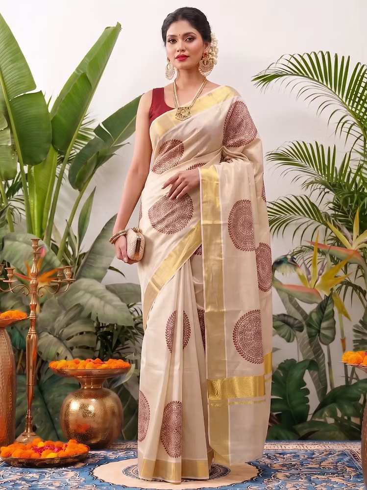 Crimson Chakra Motif Tissue Kerala Kasavu Saree with Blouse