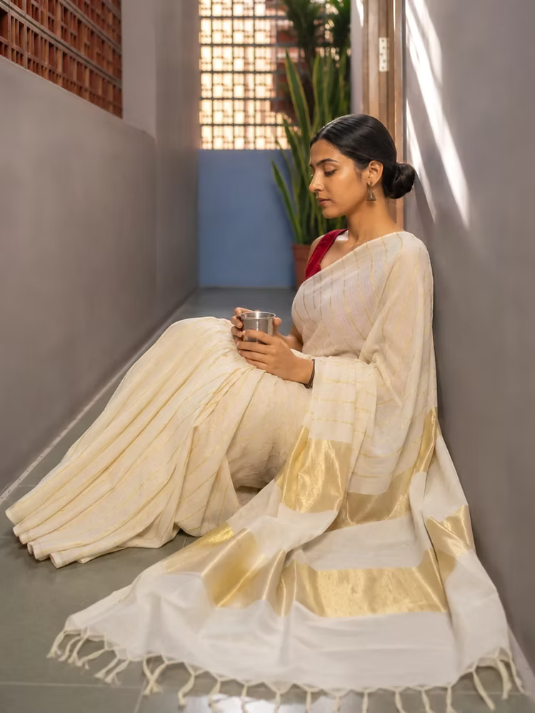 Traditional Stripe Designer Mul Cotton Inspired Kasavu Saree