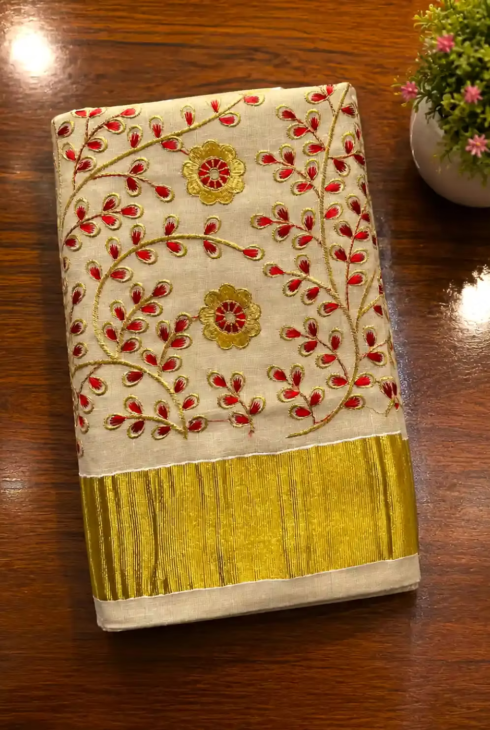 Designer Red & Golden Floral Embroidered Tissue Kasavu Saree with Blouse
