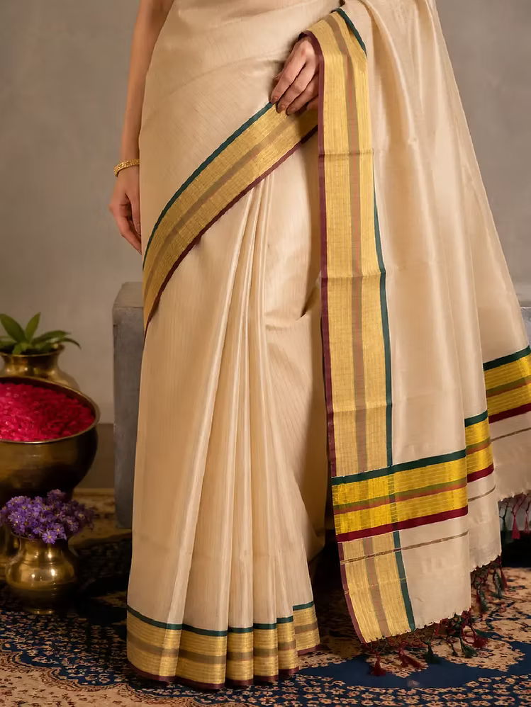 Stripe Kasavu Tissue Saree with Maroon and Green Border & Tussels
