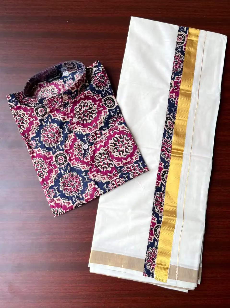 Multi Color Motif Ajrakh Cotton Shirt with Dhoti Set-Kasavu Mundu