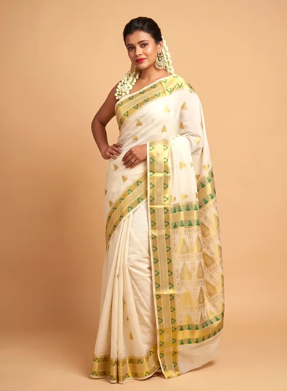Golden Sage Green Temple Jacquard Cotton Kerala Kasavu Saree