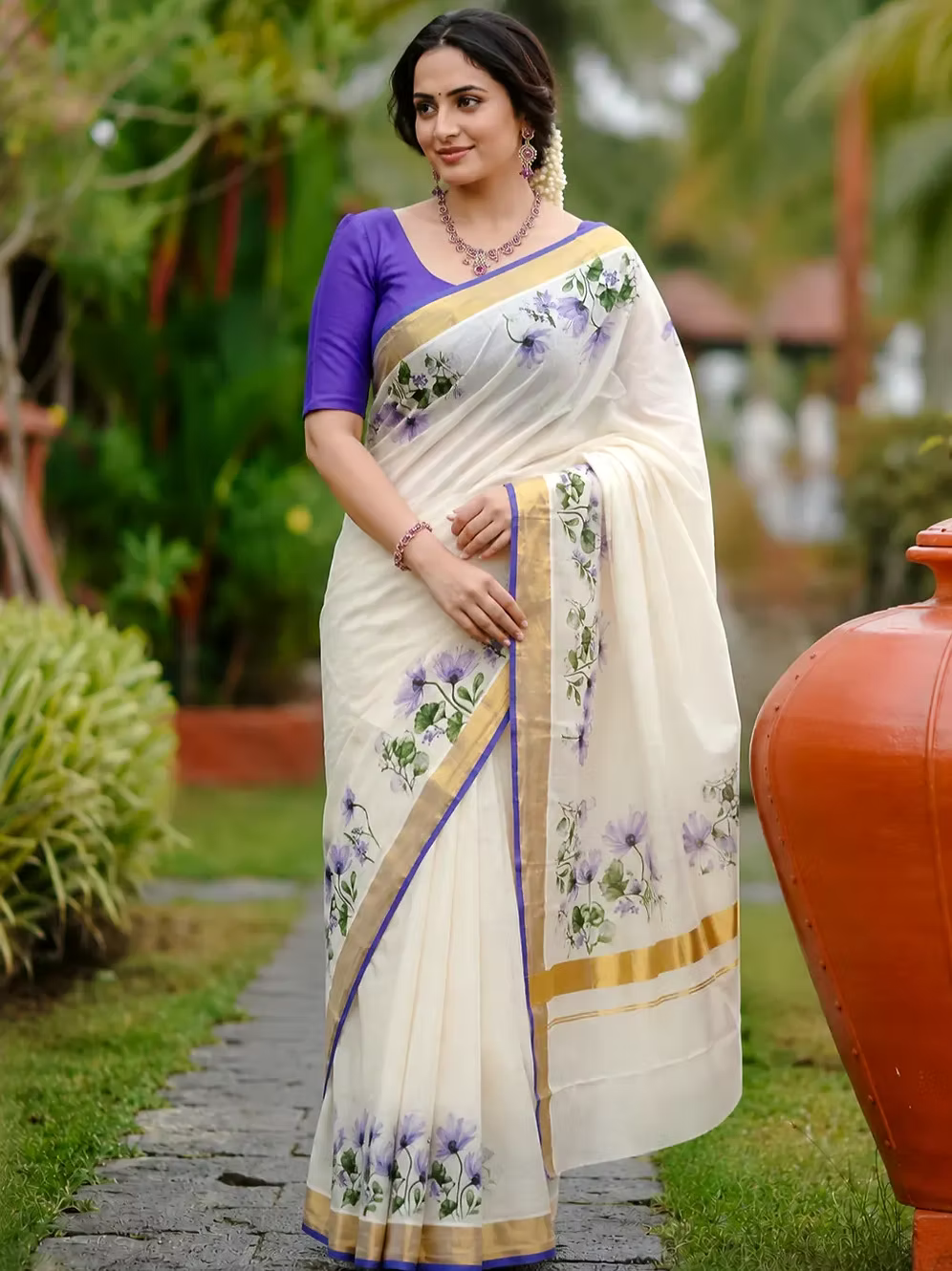 Phool Designer Kerala Cotton Kasavu Saree with Purple Border