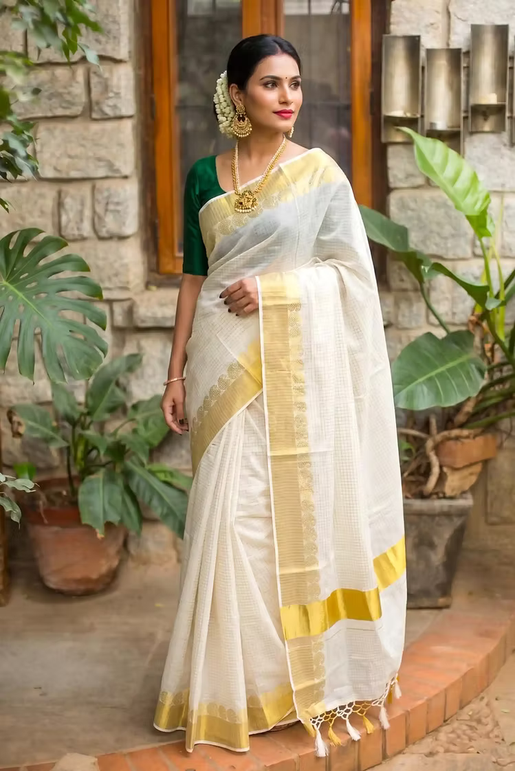 Golden Mango Jacquard Check Tassel Cotton Kerala Kasavu Saree